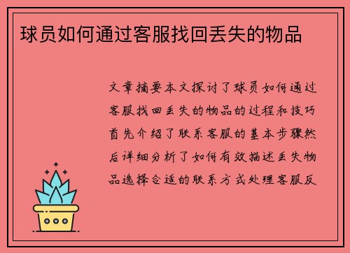 球员如何通过客服找回丢失的物品