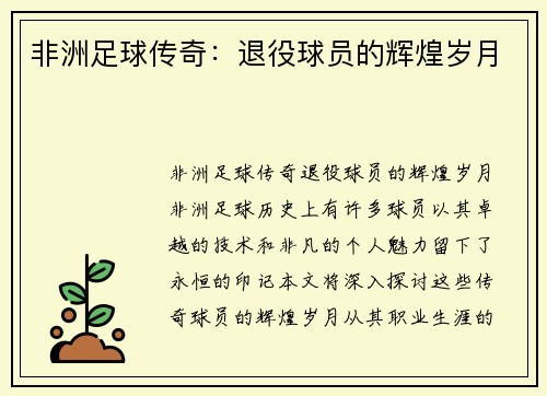 非洲足球传奇：退役球员的辉煌岁月
